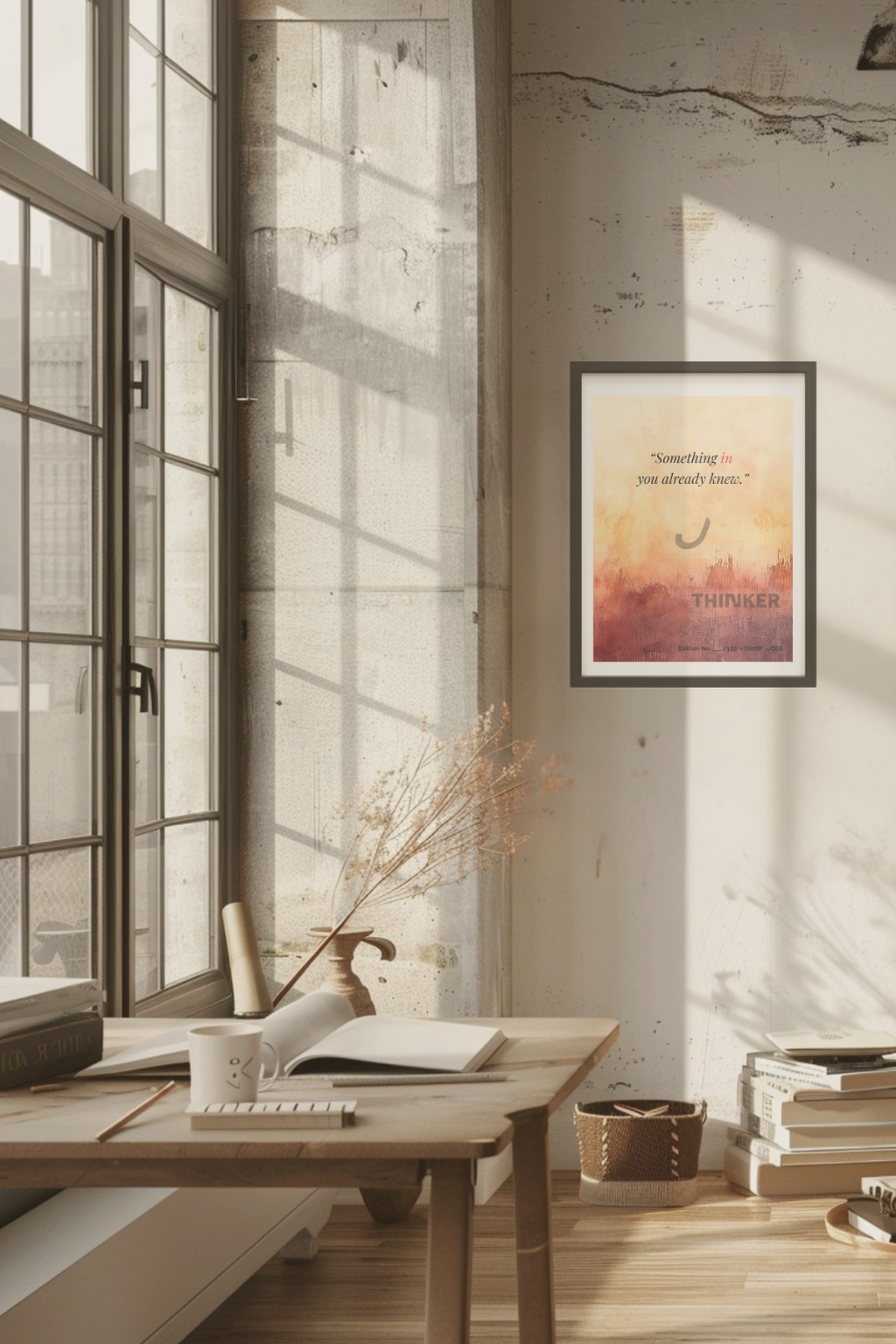 THINKER Fine Art Giclée Print hanging in a sunlit loft, paired with an open book and ceramic vase on a wooden desk — evoking a thoughtful collector’s workspace.