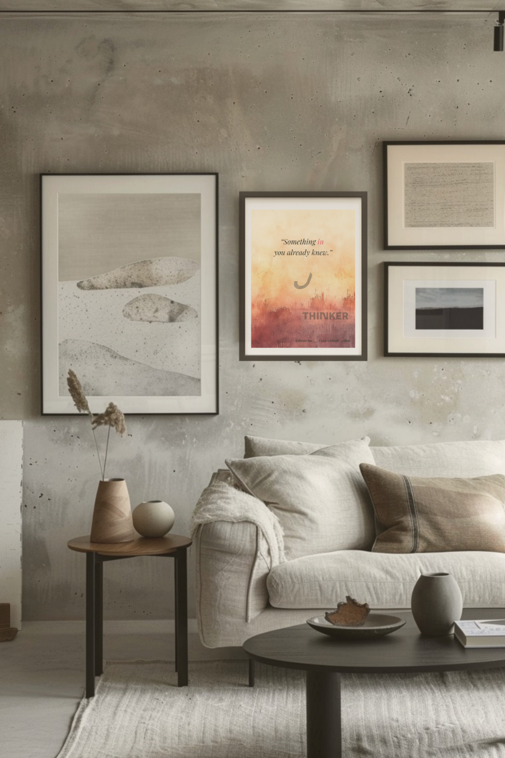 THINKER Fine Art Giclée Print displayed in a curated gallery wall above a neutral sofa, surrounded by modern abstract works for a refined interior feel.