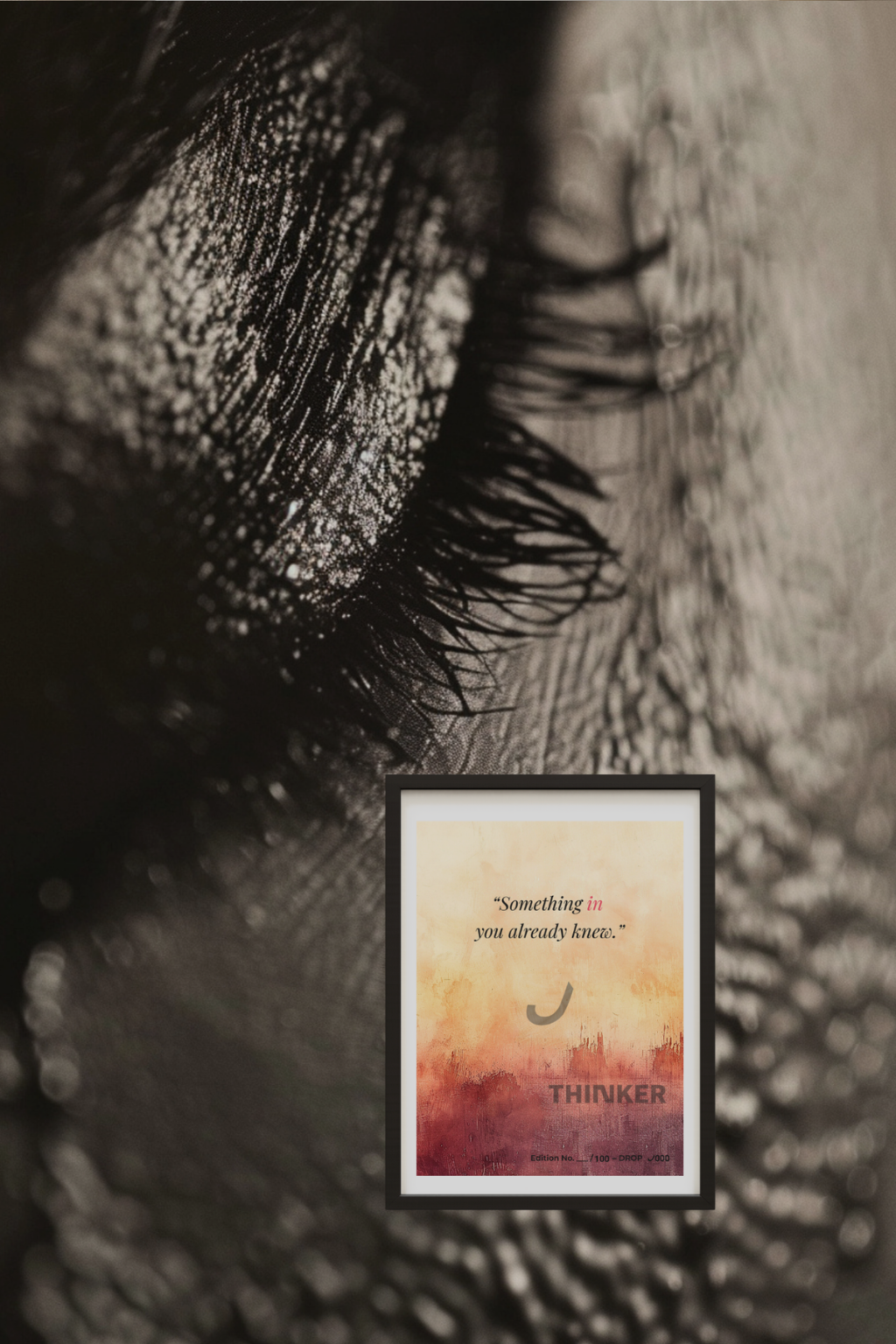 Macro-inspired detail shot of framed THINKER Fine Art Giclée Print against a dramatic black-and-white textured backdrop, highlighting depth and linen finish.